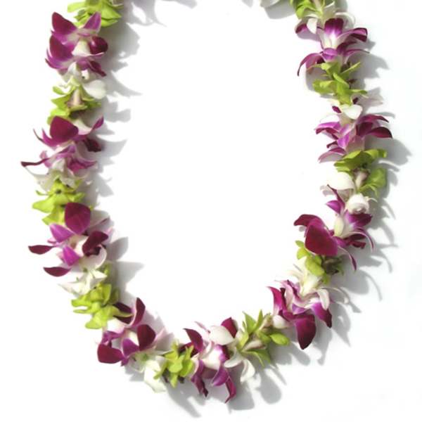 Purple and white orchid lei with green accents on a white background