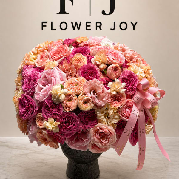 Large pink and peach flower arrangement in a dark vase with ribbon