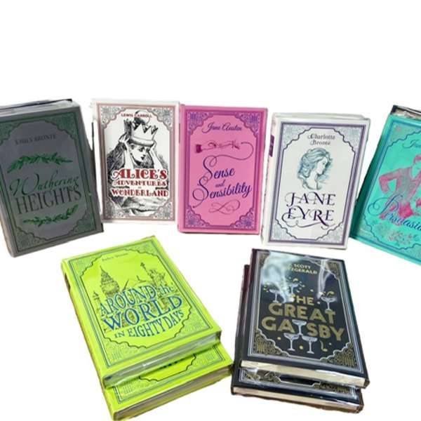 Stacked decorative book-shaped boxes in assorted colors