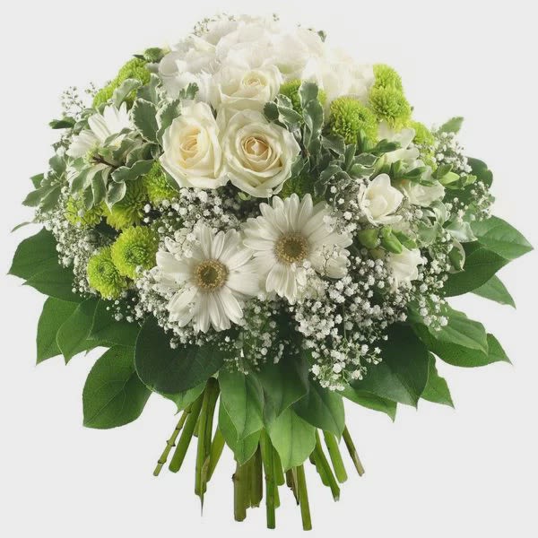 White roses and daisies in a hand-tied bouquet with green accents