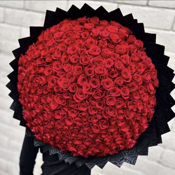 Large round bouquet of red roses wrapped in black paper