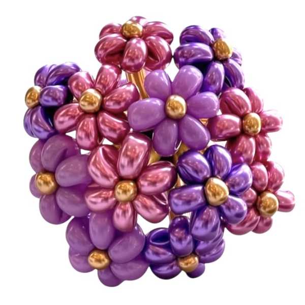 Cluster of purple and pink balloon flowers with gold centers