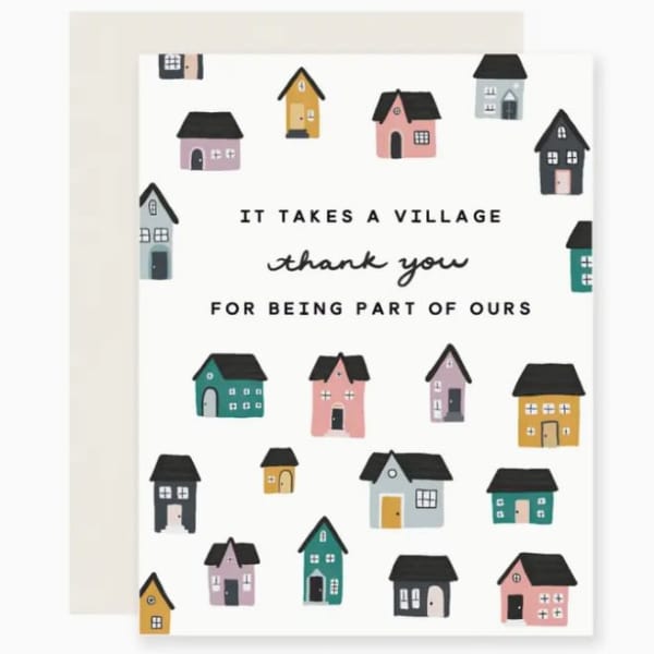 Greeting card with colorful house illustrations and thank-you text