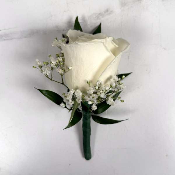 White Standard Rose Baby's Breath Boutonniere
