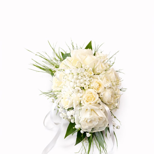 Hand-tied bridal bouquet of ivory roses and small white blooms with trailing white ribbon.