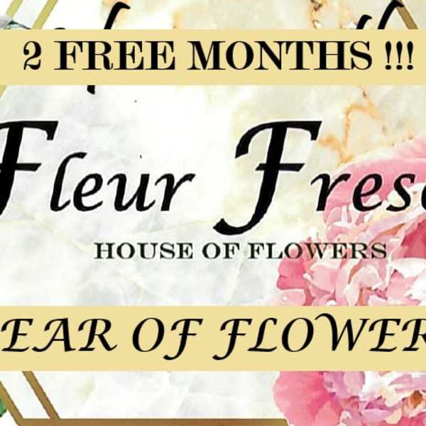 Promotional floral graphic with pink flowers and text reading Fleur Fresca
