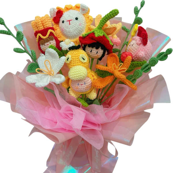 Crocheted character bouquet wrapped in pink iridescent paper