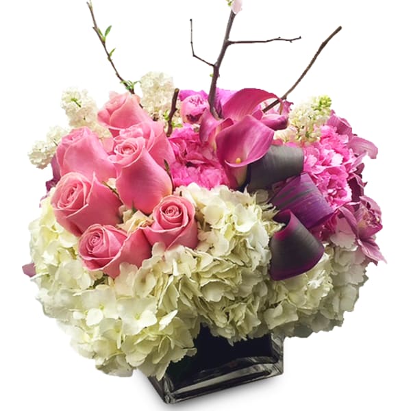 Pink roses and purple calla lilies in a black vase with white hydrangeas