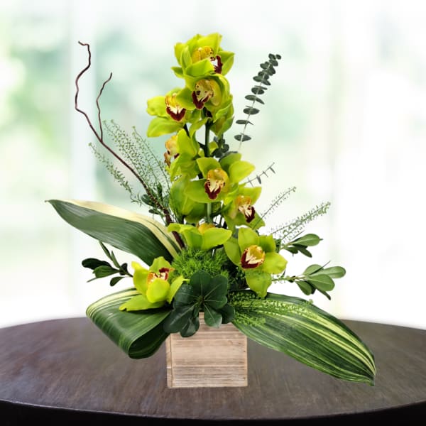 Tall arrangement of green orchids in a wooden box