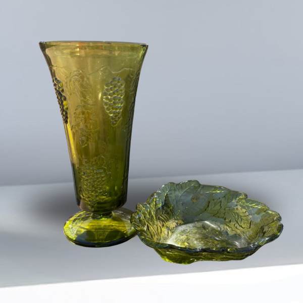 Vintage Green Depression Glass Grape & Vine Etched Vase and Bowl set