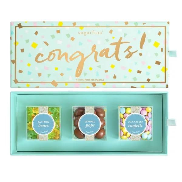 Boxed candy gift set with three compartments of sweets