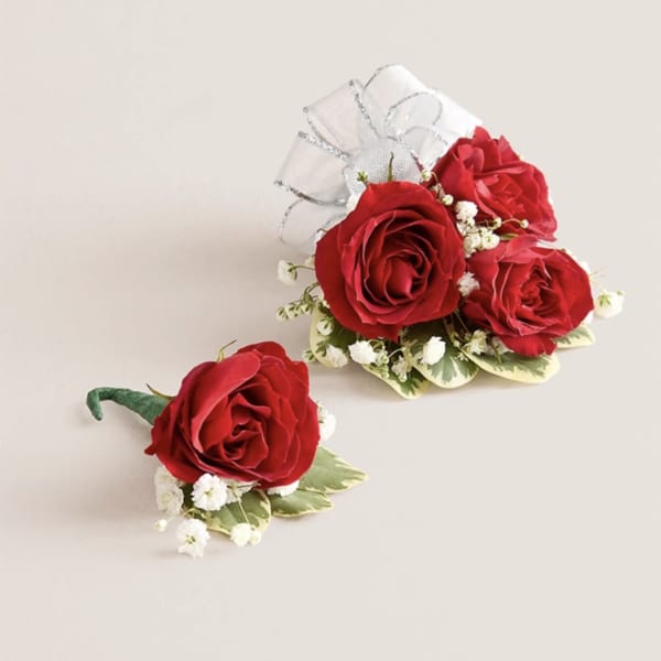 Red Corsage & Boutonniere Set (Silver Bow)