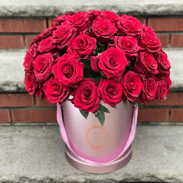 Red roses arranged in a pink round hat box
