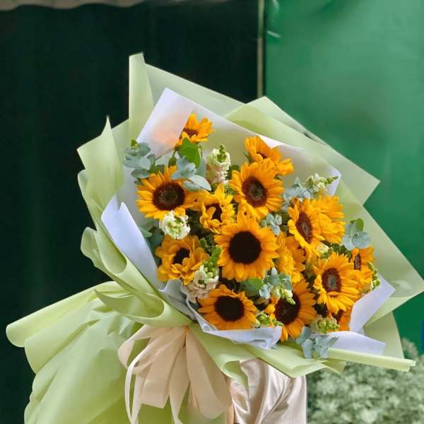 Bouquet of yellow sunflowers wrapped in pale green paper