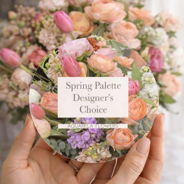 Hands holding a round floral card with pastel spring flowers
