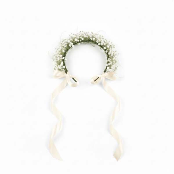 White floral crown with long cream ribbons