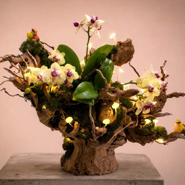 Orchid arrangement in driftwood with moss and small bird figurines