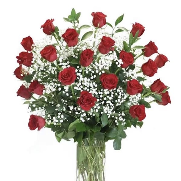Red roses arranged in a clear glass vase with white filler flowers
