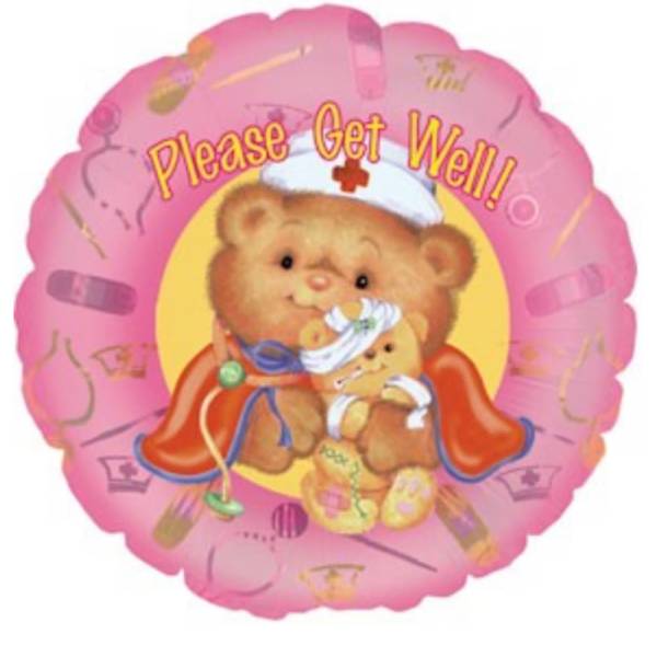Pink get-well balloon with teddy bears and medical icons