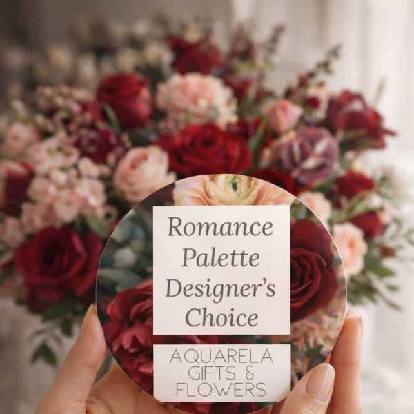 Hands holding a round card in front of a red and pink flower bouquet