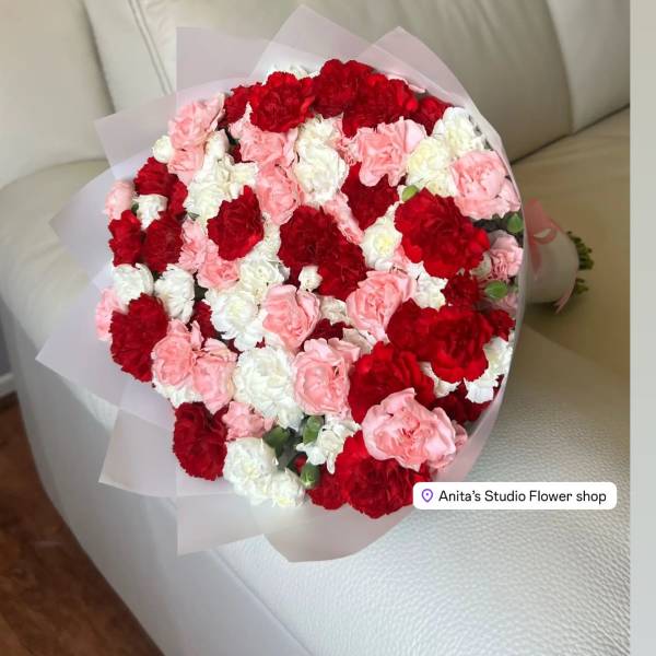 Bouquet of red, pink, and white carnations wrapped in pale paper