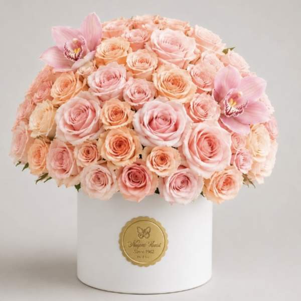 Pink and peach roses arranged in a white hat box with two pink orchids