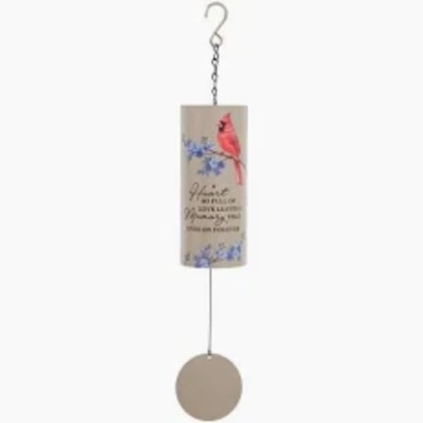 Hanging metal wind chime with a cardinal and floral print