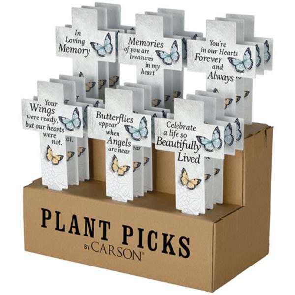 Box of memorial plant picks with butterfly designs and sympathy messages