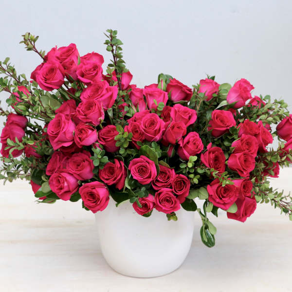 Lush arrangement of hot pink roses with green accents in a white ceramic pot
