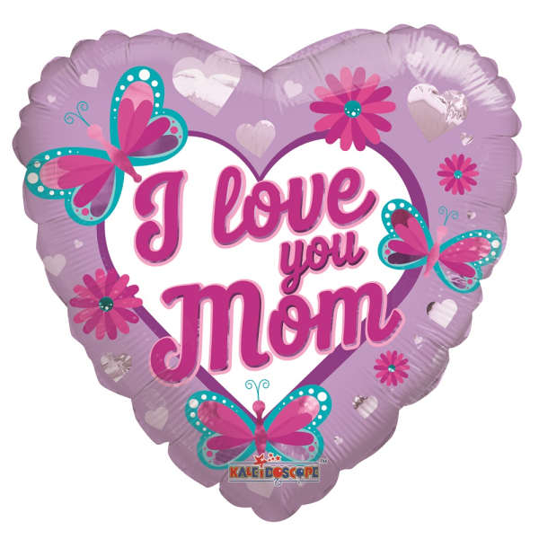 Heart-shaped lavender balloon with "I love you Mom" text and butterfly graphics