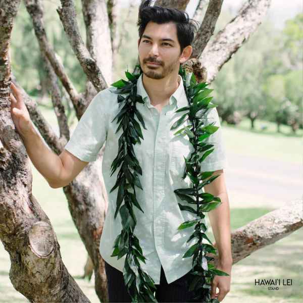 Man wearing a dark green leaf lei outdoors