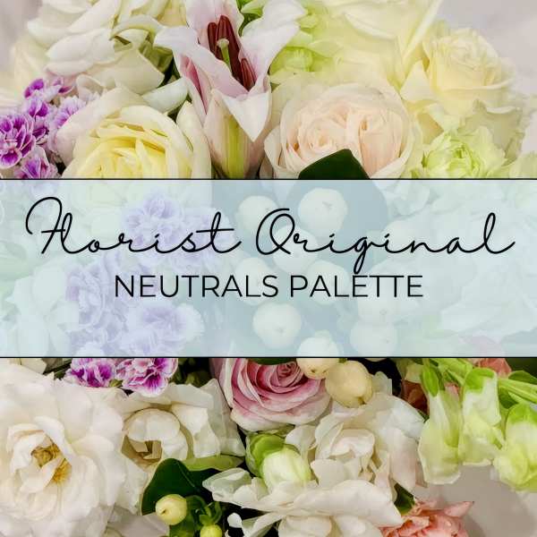 Floral palette board with white, blush, and purple blooms