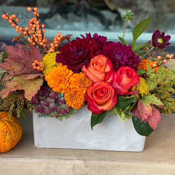 Autumn flower arrangement in a white rectangular container with a pumpkin beside it