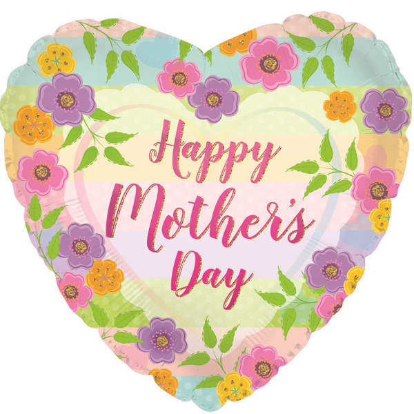 Heart-shaped balloon with floral pattern and Happy Mother's Day text