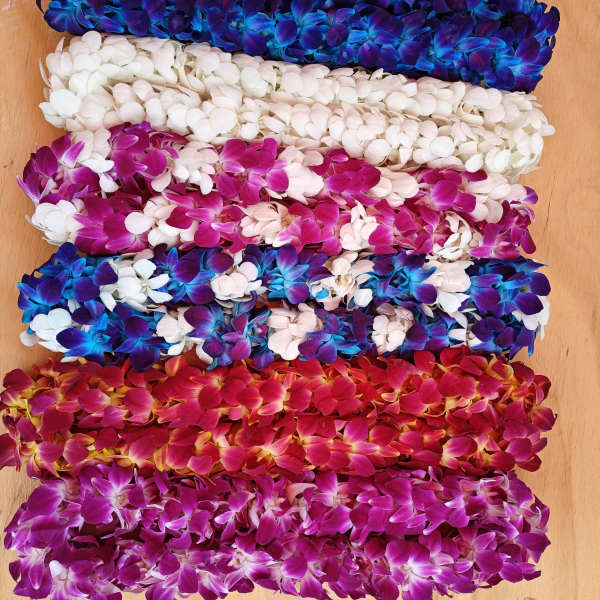 Stacked orchid leis in blue, white, pink, and red on a wooden surface