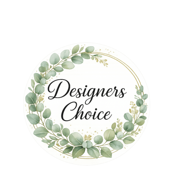 Round badge with eucalyptus wreath and the words "Designers Choice"