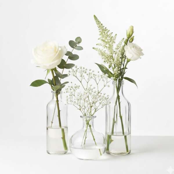 Three small glass vases with white flowers and baby’s breath