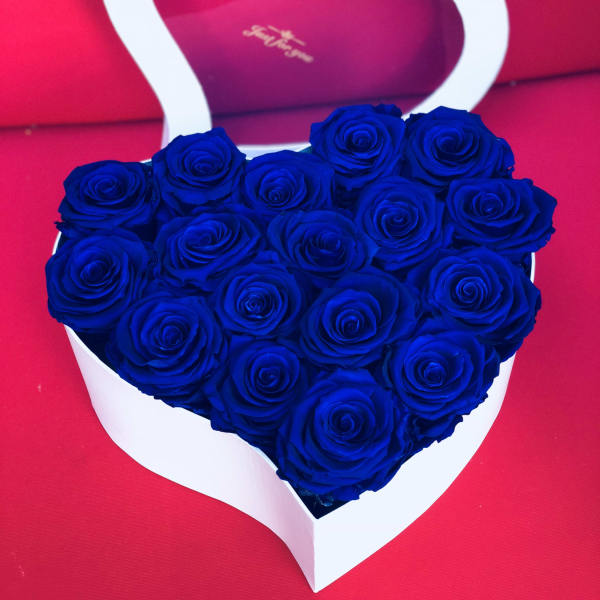 Heart-shaped box of blue roses on a pink background