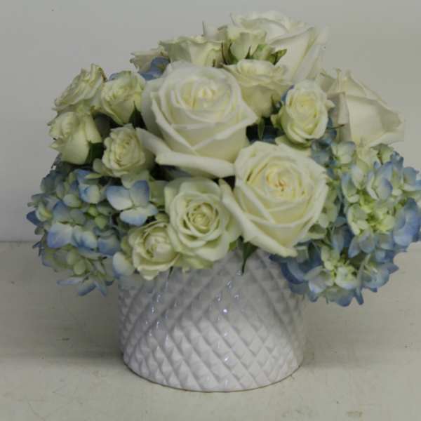 White roses and blue hydrangeas in a white textured vase
