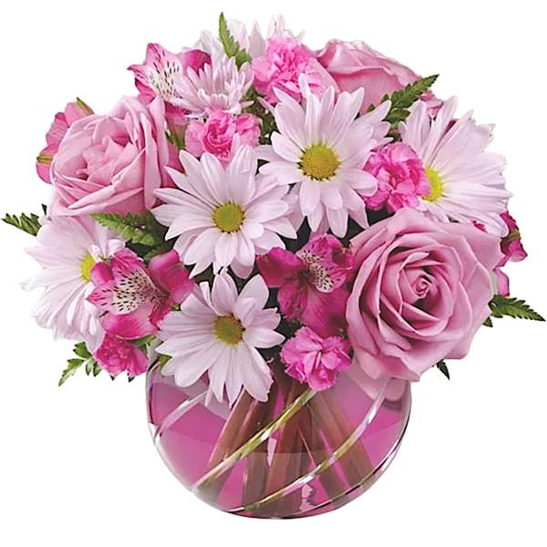 Pink roses and daisies arranged in a round glass vase