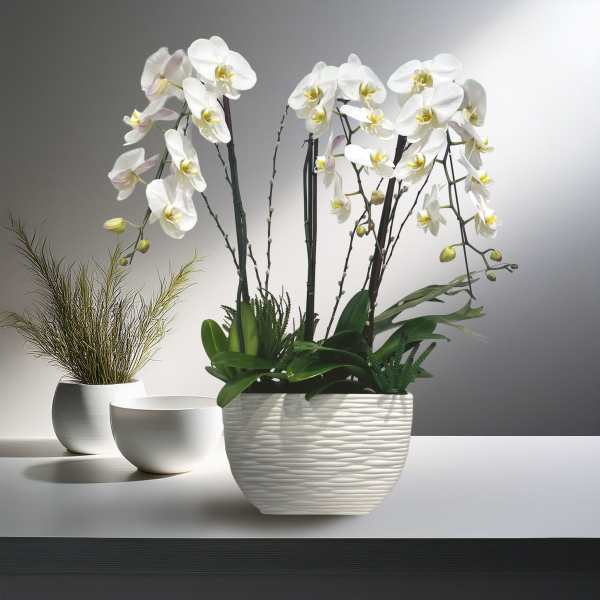 White orchids in a textured white planter beside two small white pots