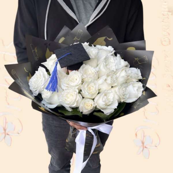 Luxury White Premium Roses Graduation Bouquet | Hand-Wrapped Flower Delivery in Orange County