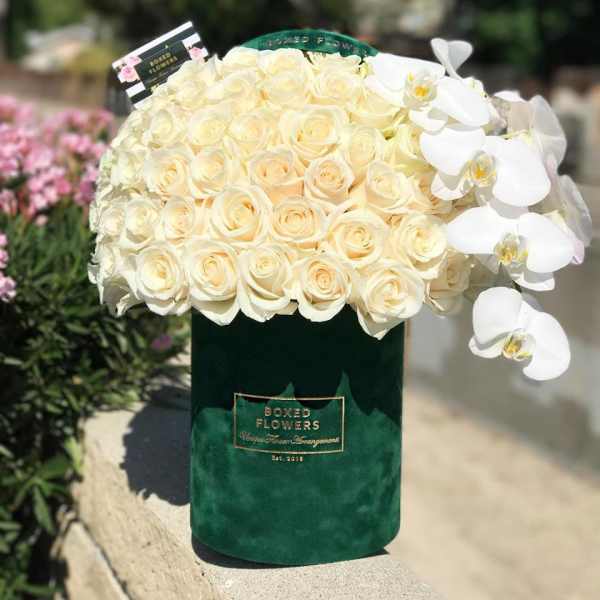 Cream rose bouquet with white orchids in a green velvet box