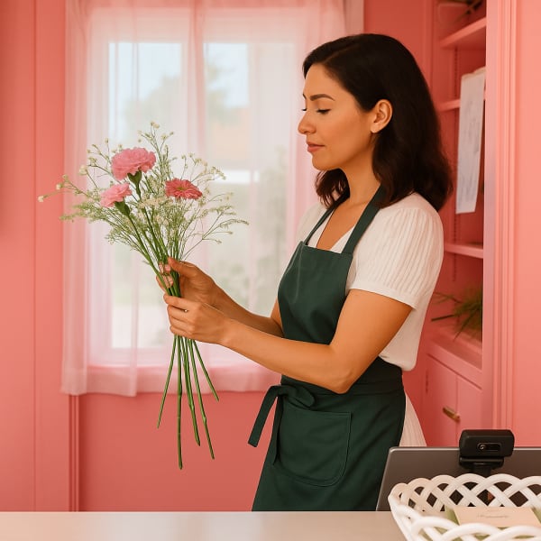 Woman holding a small bouquet of pink flowers