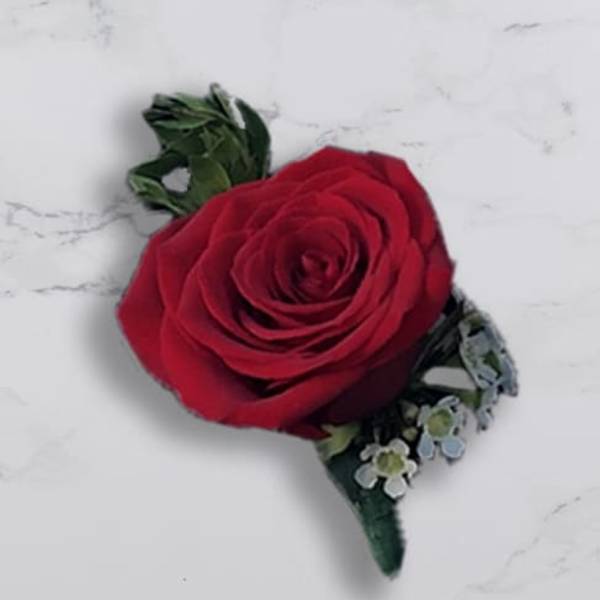 Red rose boutonniere with small blue-white accent flowers