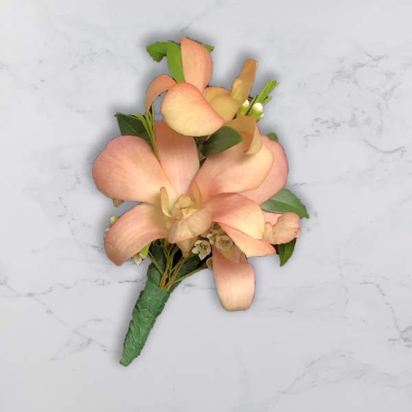 Peach orchid boutonniere with green leaves