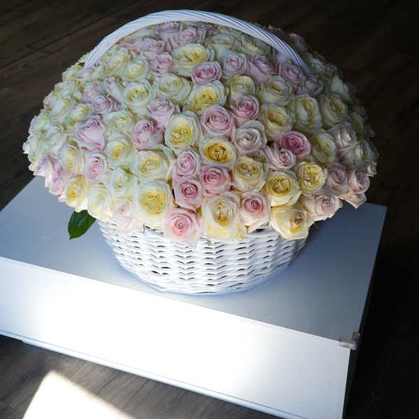 Large basket of pale pink and cream roses