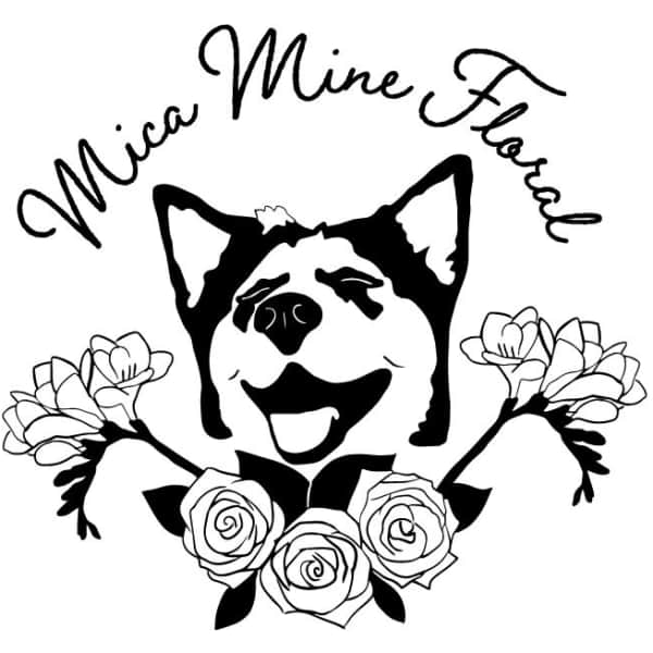 Black-and-white dog illustration with roses and the name Mica Mine Floral