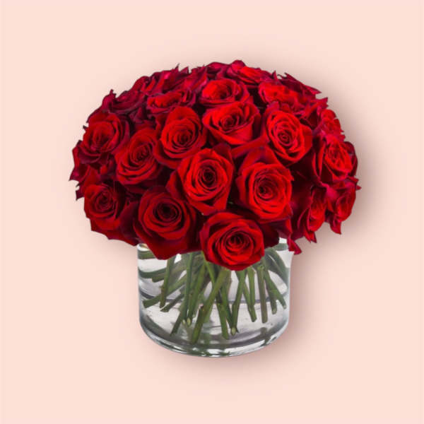 Red roses arranged in a clear glass vase