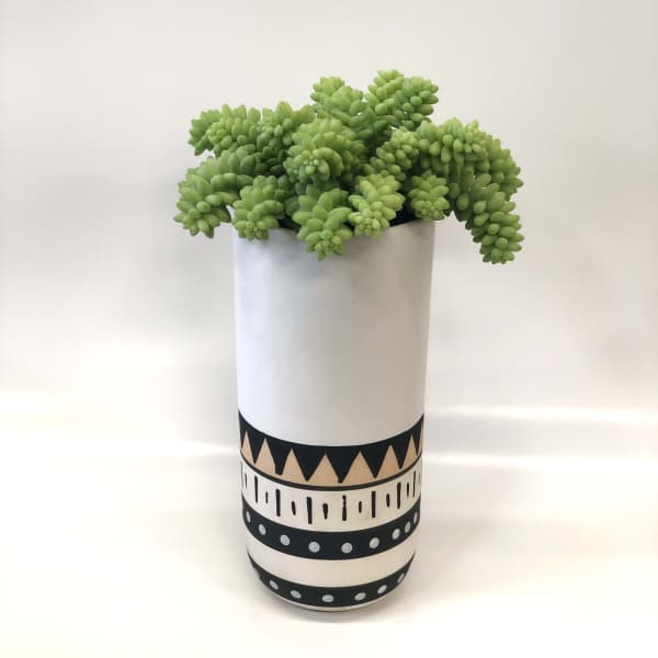 Green succulent arrangement in a tall patterned white vase